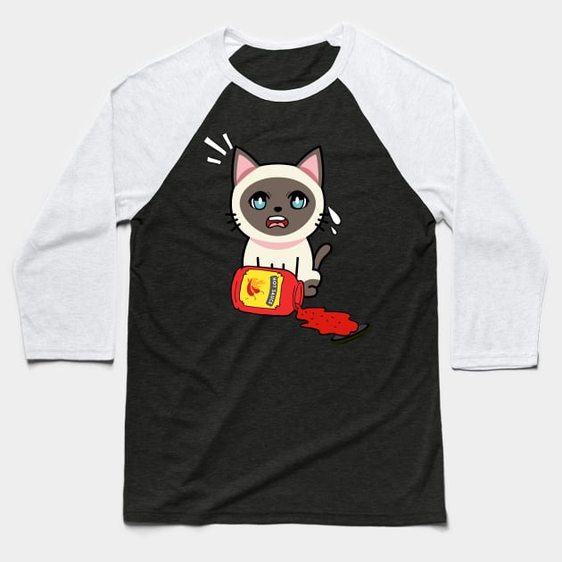 Cute Siamese cat Spills Hot Sauce Tabasco Baseball T-Shirt by Pet Station